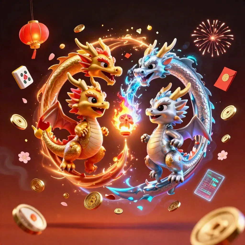 Gold and silver dragons swirl through coins, lanterns, fireworks, and crypto glow.