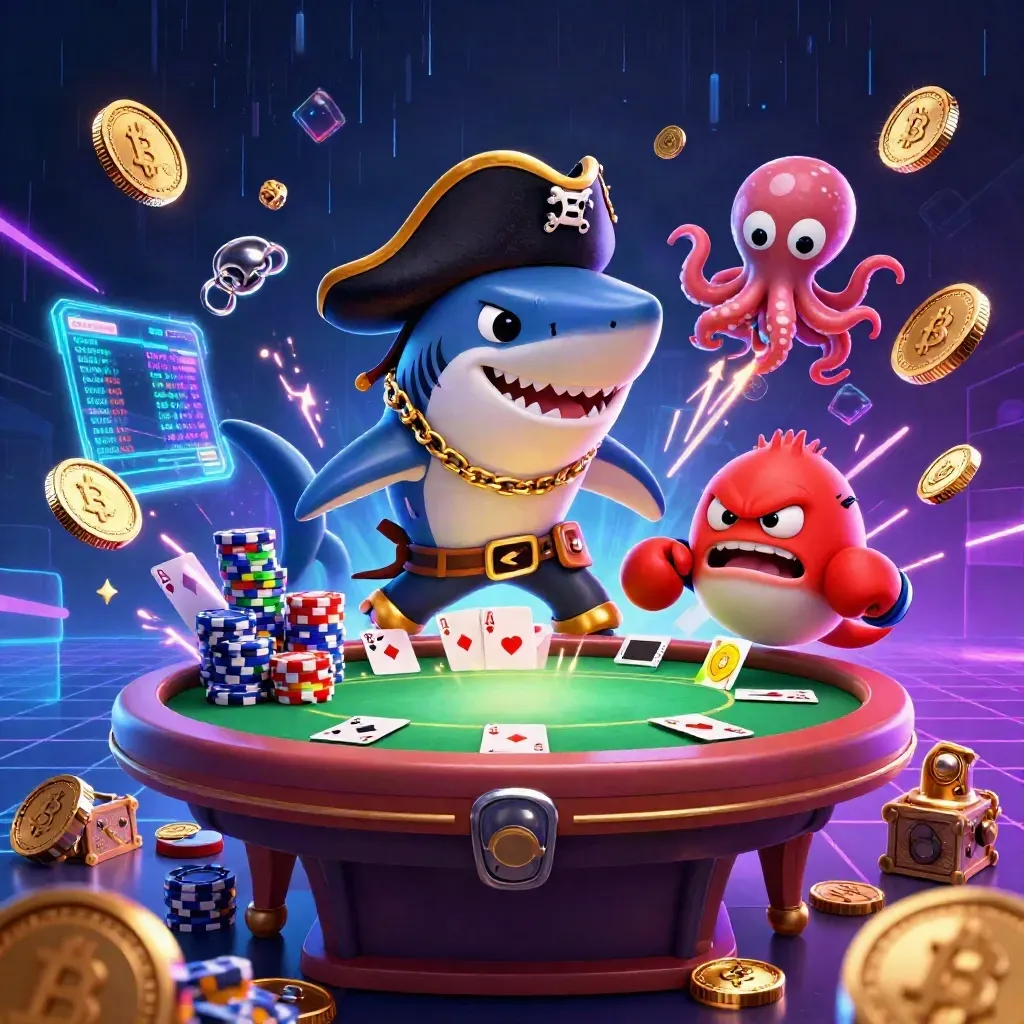 Pirate shark, pufferfish, and octopus erupt amid coins, chips, and neon crypto-casino effects.