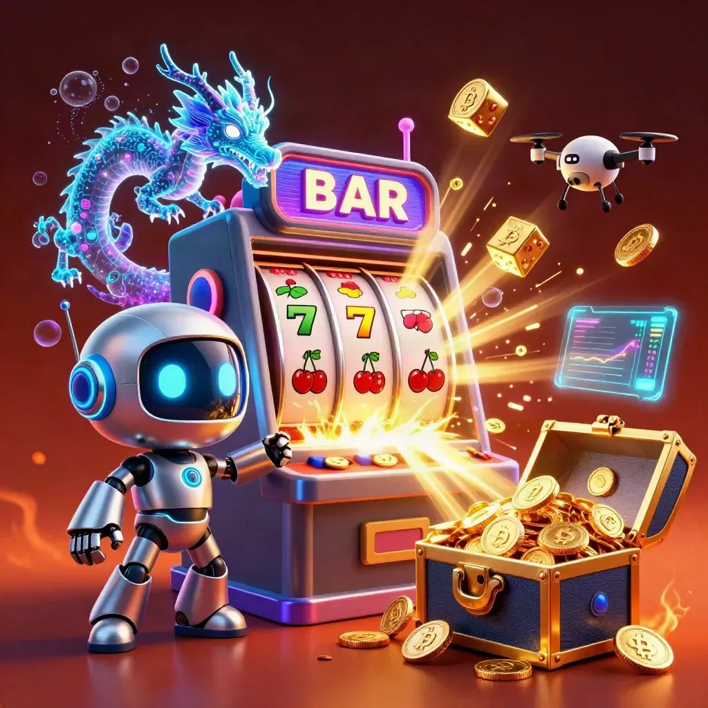 Cyberpunk robot, holographic dragon, and coin drone amid slot bursts and gold in neon crypto glow.