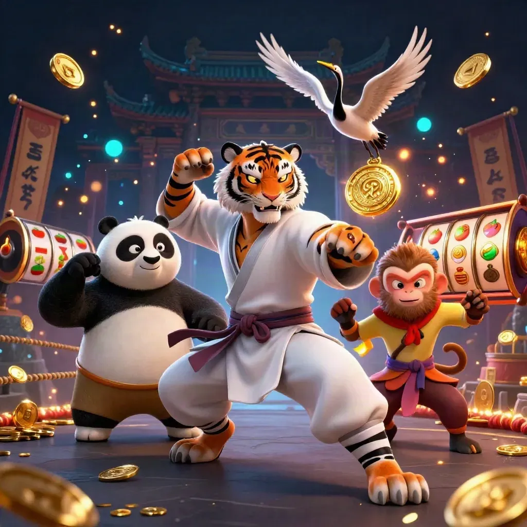 Tiger, panda, and monkey heroes in a glowing casino-temple battle scene