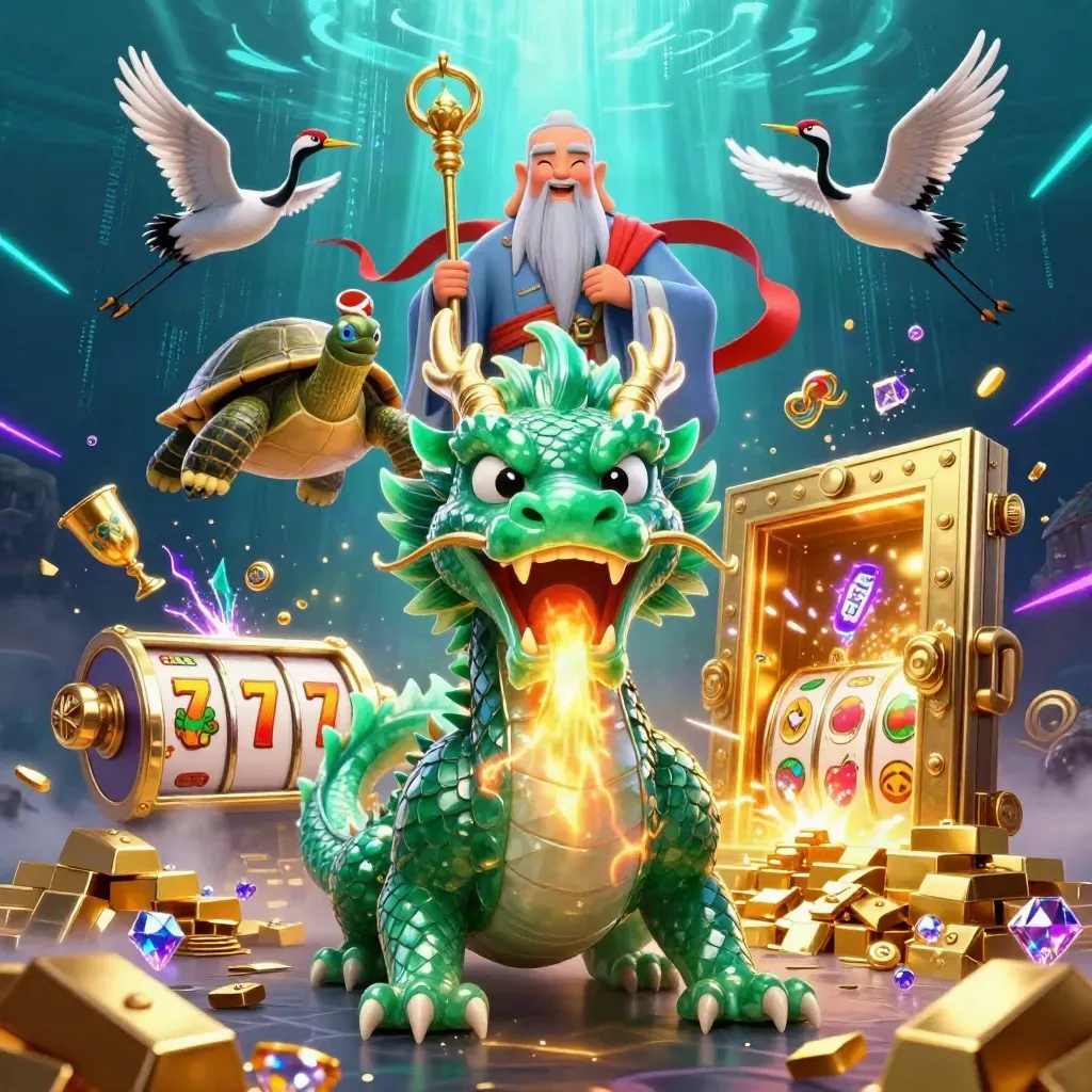 Emerald dragon, turtle sage, and cranes burst from a golden vault in neon casino glow.