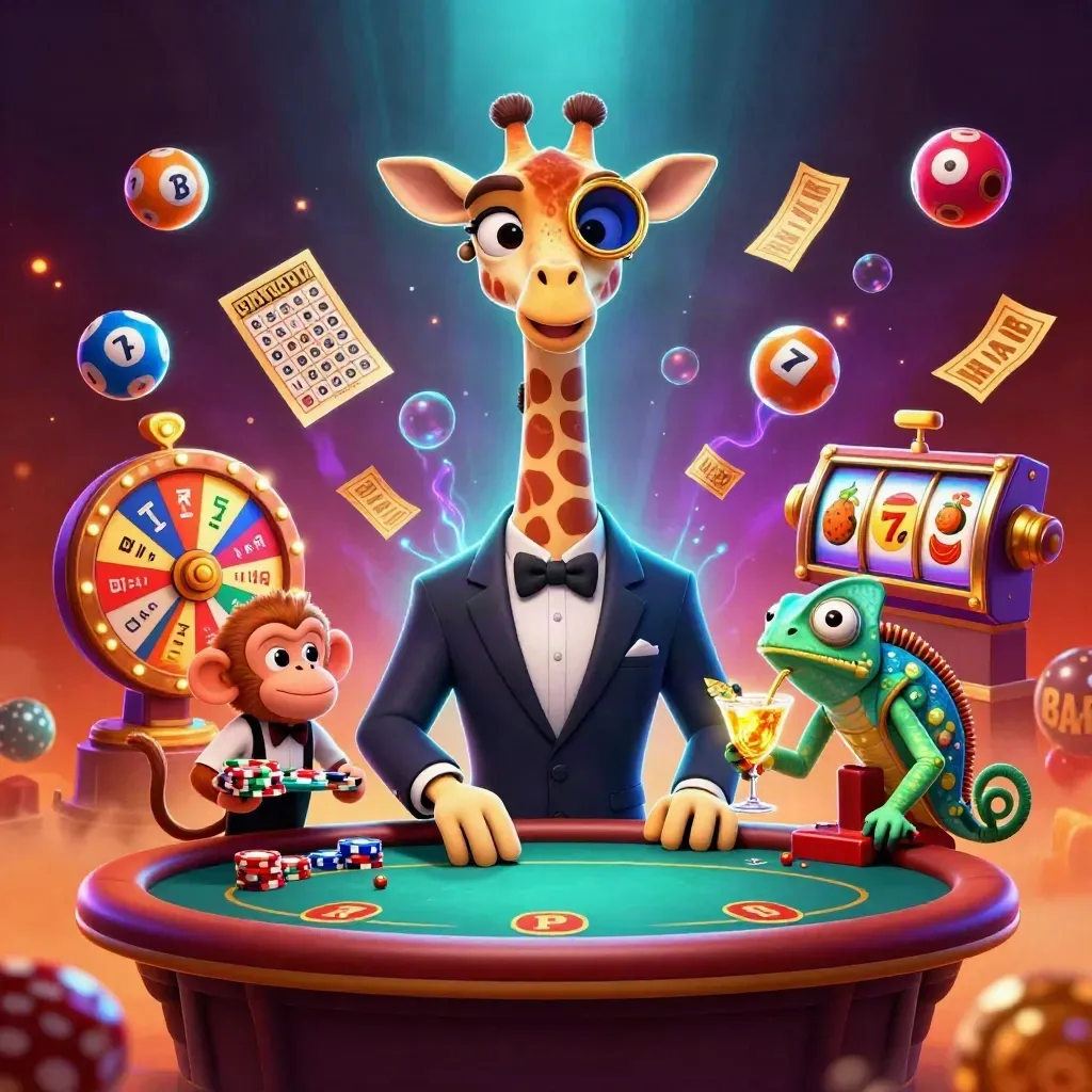 High-roller giraffe, monkey valet, and chameleon bartender amid casino loot and glowing reels.