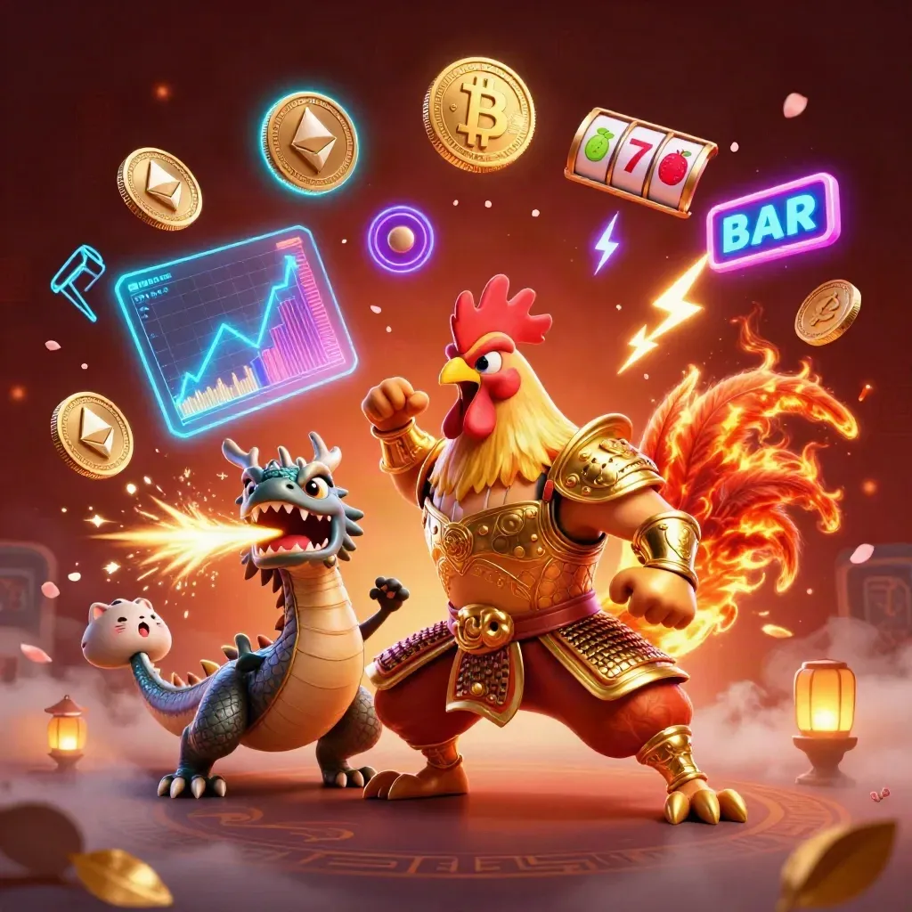 Rooster samurai, spark-breathing dragon hatchling and cheering fortune cat amid neon coins and fire.
