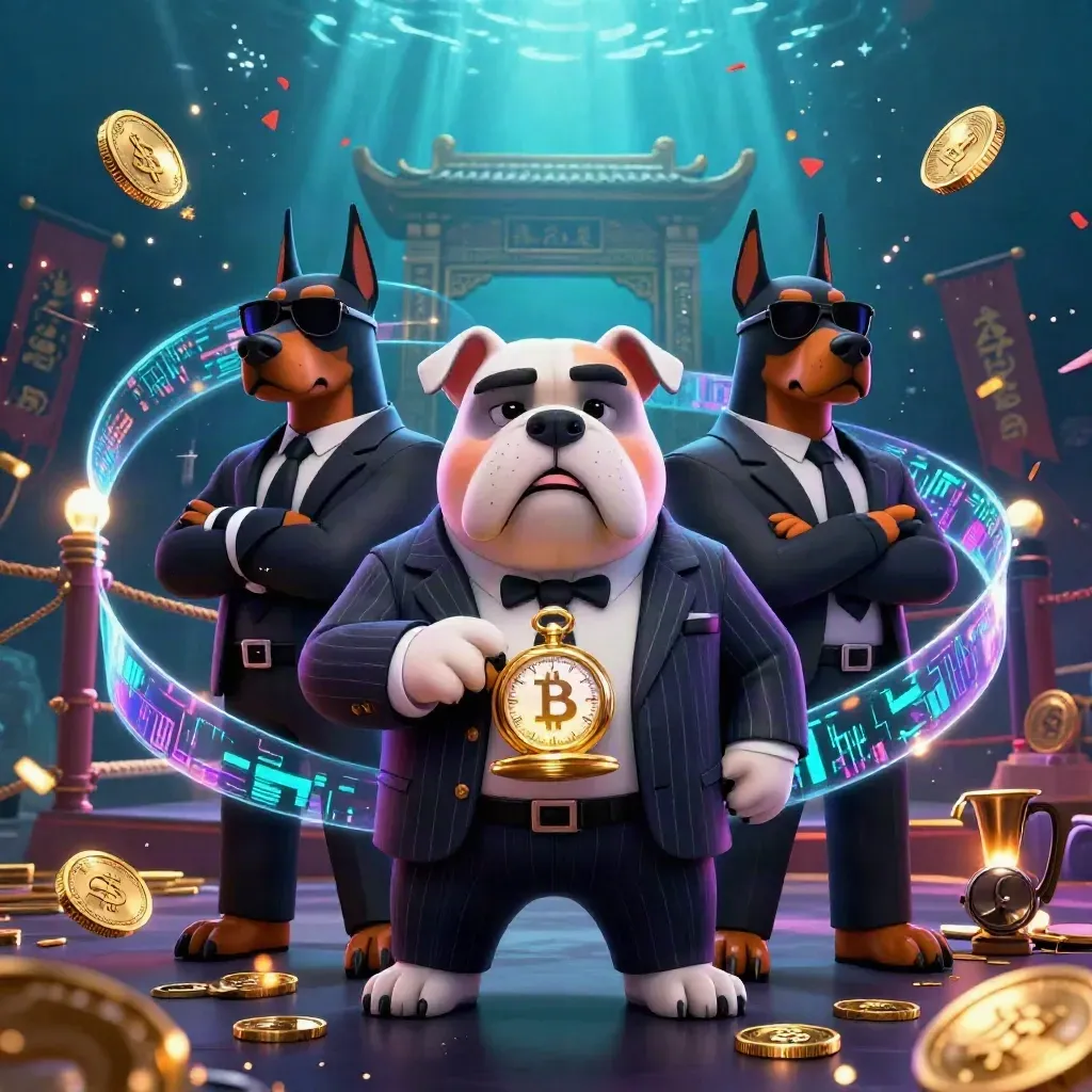 Bulldog boss and two Dobermans amid coins, sparks, temple gate and crypto glow