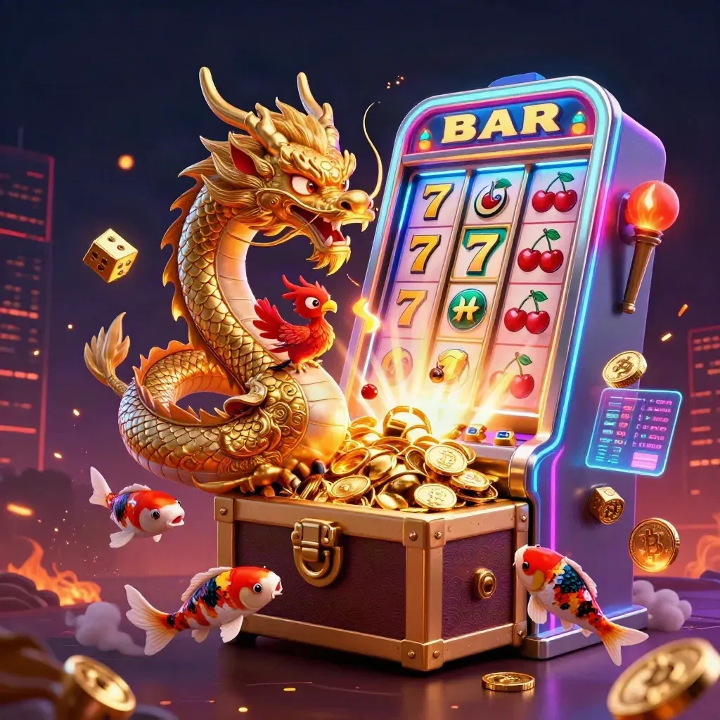 Golden dragon and phoenix around a jackpot chest with coins, neon crypto glow, and slot symbols.