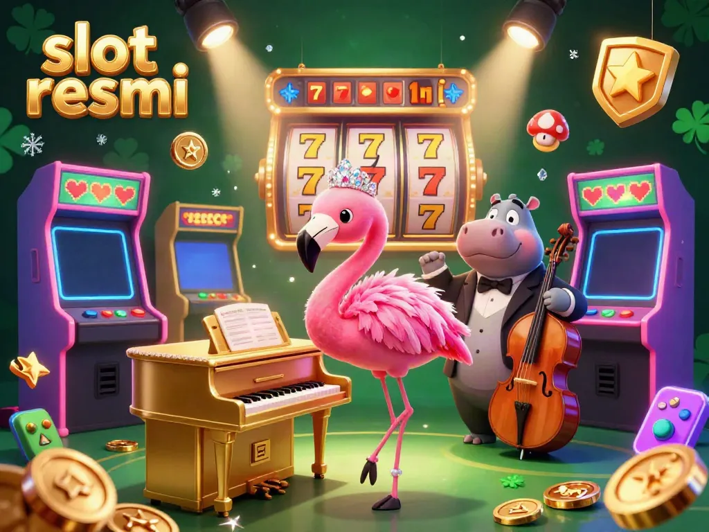 Engage with slot resmi in a vibrant casino scene featuring a flamingo singer and hippo bassist.