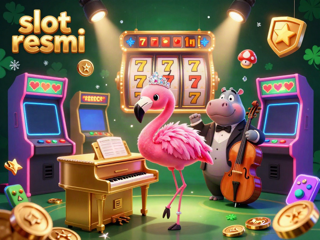 Engage with slot resmi in a vibrant casino scene featuring a flamingo singer and hippo bassist.