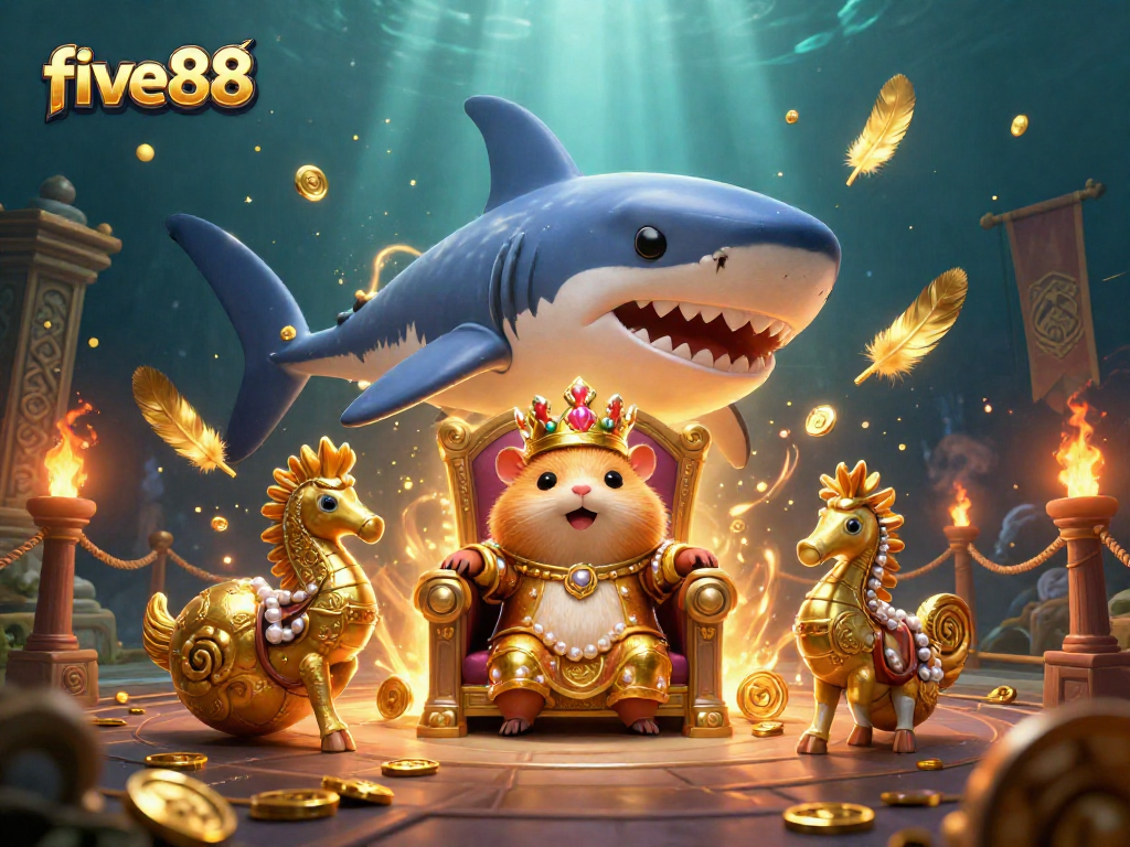 Experience thrilling gameplay at five88 with a golden hamster king amid a vibrant casino scene.