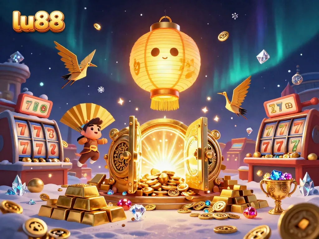 lu88 offers an exciting gaming experience with vibrant characters amidst a bountiful casino backdrop.