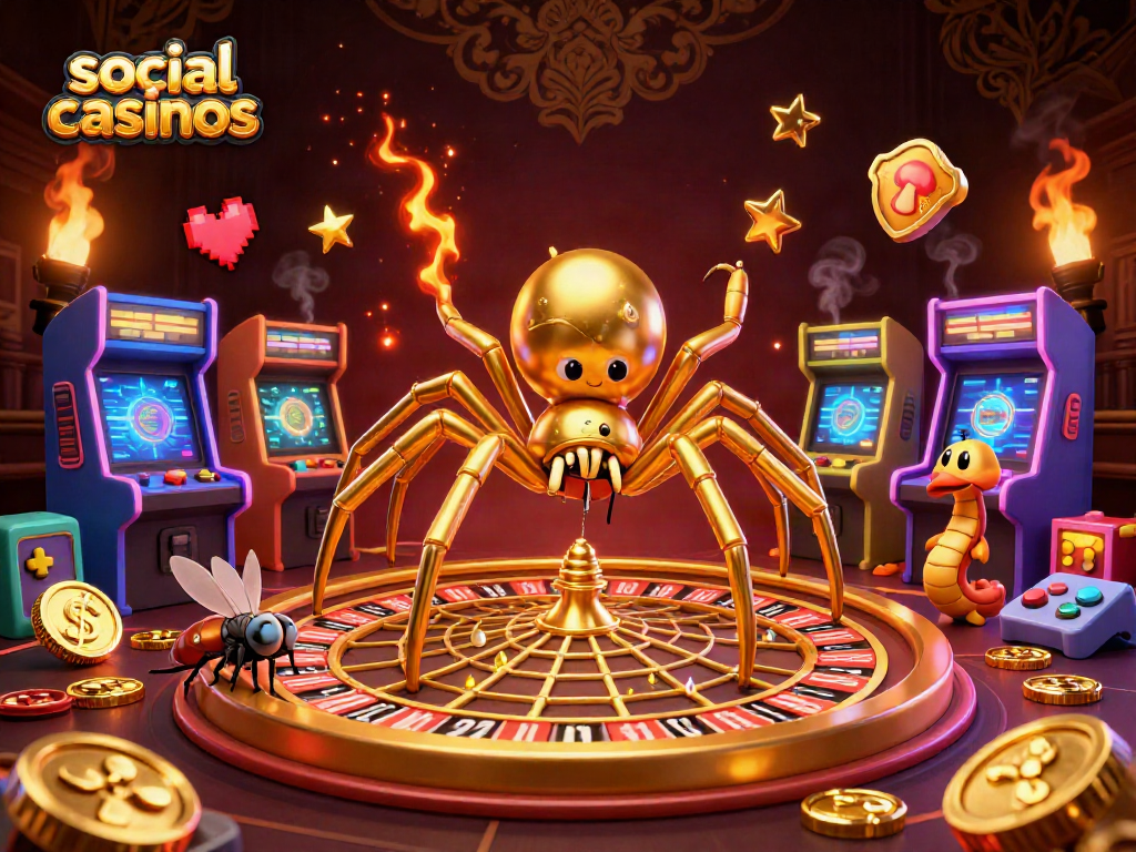 Engaging illustration of social casinos blending arcade with casino elements, featuring unique characters.