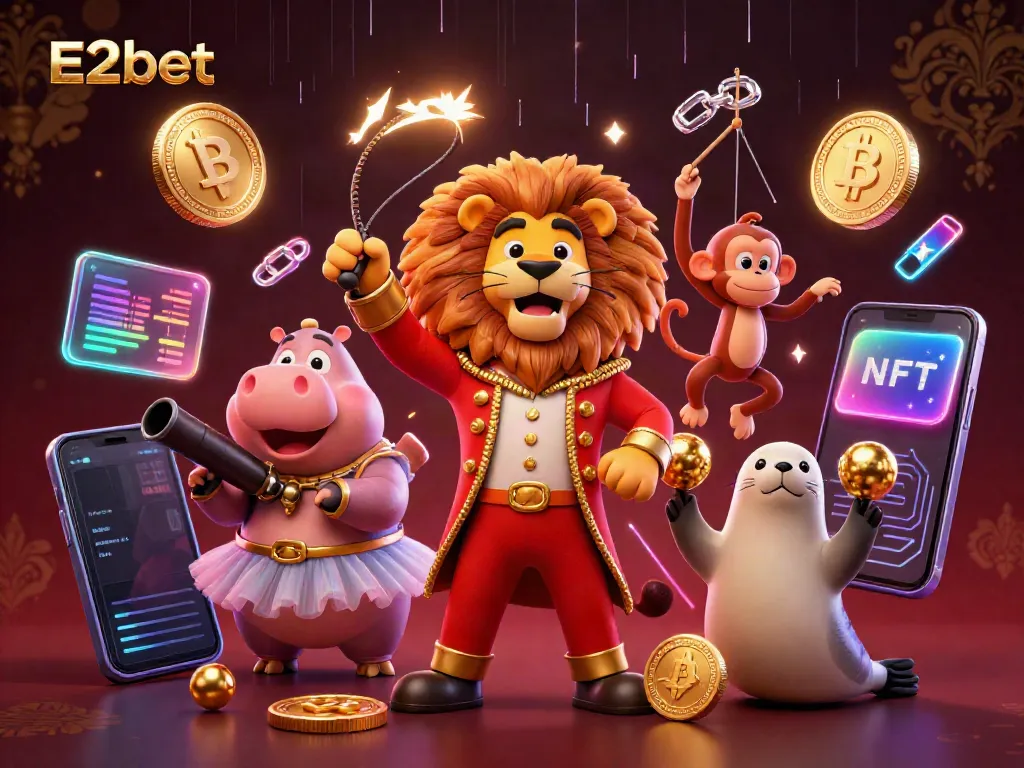 E2bet's vibrant casino scene with characters and glowing crypto elements exemplifying an online gaming atmosphere.