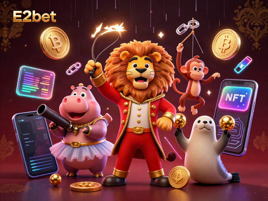 E2bet's vibrant casino scene with characters and glowing crypto elements exemplifying an online gaming atmosphere.