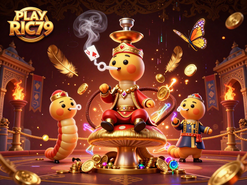 Engage with PLAY RIC79 in a vibrant scene featuring a hookah-master and poker symbols.
