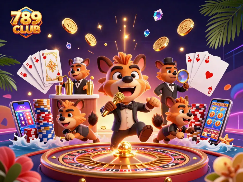Engage with 789CLUB's vibrant casino experience featuring hyenas in a dynamic comedy club.