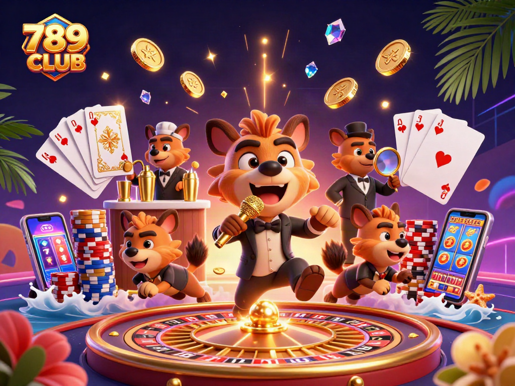 Engage with 789CLUB's vibrant casino experience featuring hyenas in a dynamic comedy club.