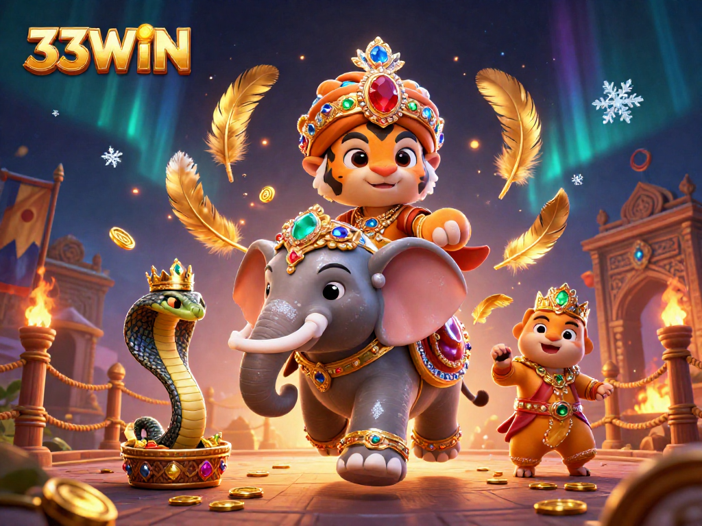 Engage with 33WIN's vibrant gaming scene featuring a rich 3D illustration of a majestic tiger and elephant.