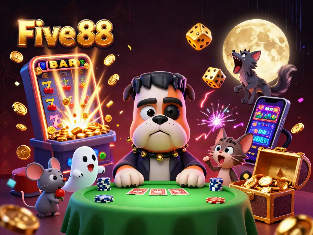 Engage in exciting casino games with Five 88 featuring a vibrant 3D illustration of a Frankenstein bulldog dealer and a ghost mouse.
