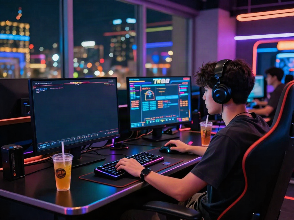 Engaged player using TX88 online casino interface in vibrant gaming room.