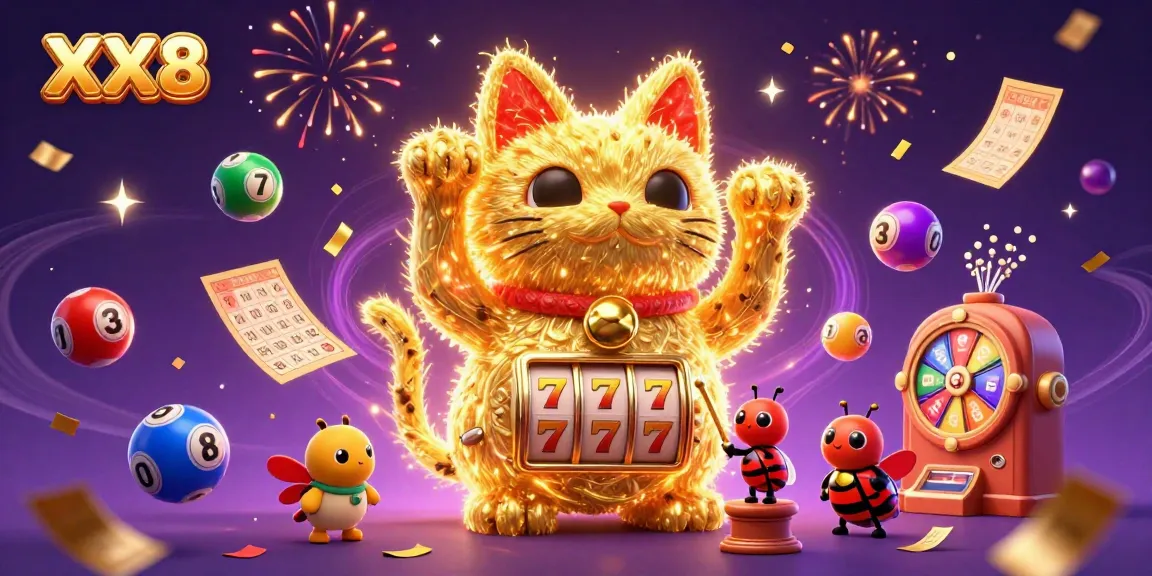 Experience the enchanting gaming world of XX8 with a vibrant lucky cat and golden fireflies among casino symbols.
