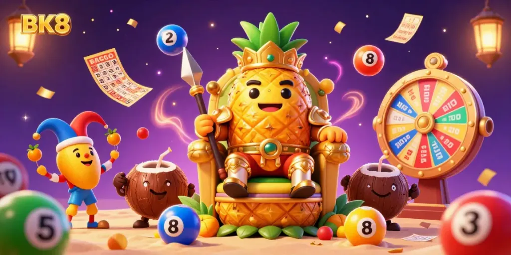 Experience thrilling gaming adventures at BK8 with a vibrant 3D illustration of the golden pineapple king and bright casino elements.
