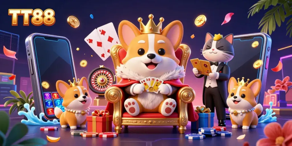 Experience thrilling slot games at TT88 with the royal corgi, poker chips, and dynamic game elements.