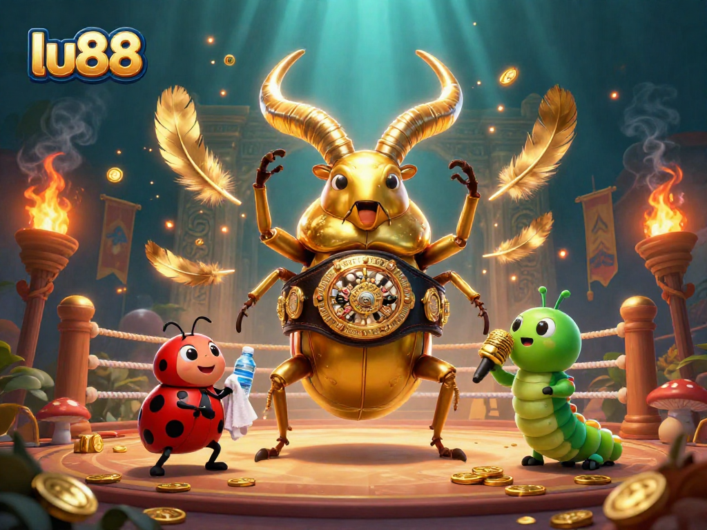 Experience thrilling action with lu88 as a giant golden stag beetle faces off in a dramatic casino arena