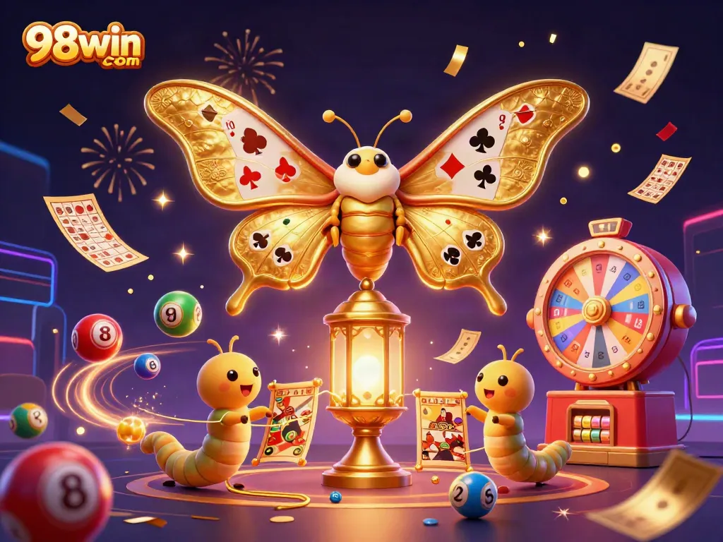 Experience thrilling gameplay at 98win com with vibrant lottery balls, spinning wheels, and golden elements