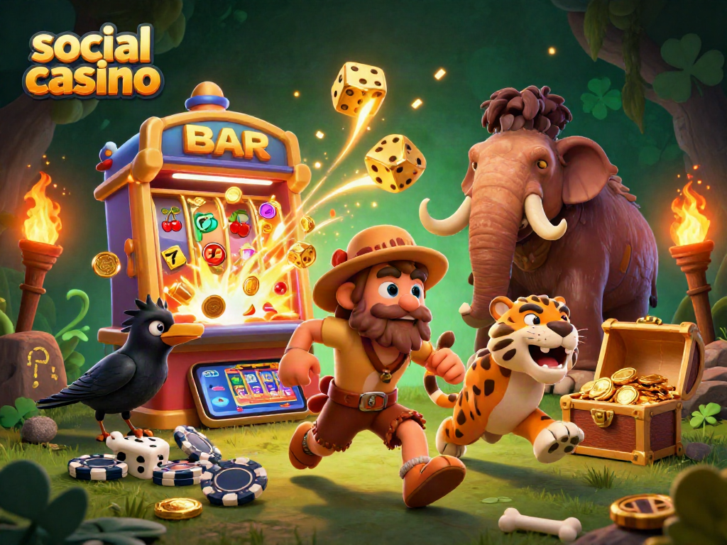 Engage in thrilling social casino fun with a vibrant prehistoric gaming scene featuring unique characters and exciting elements.