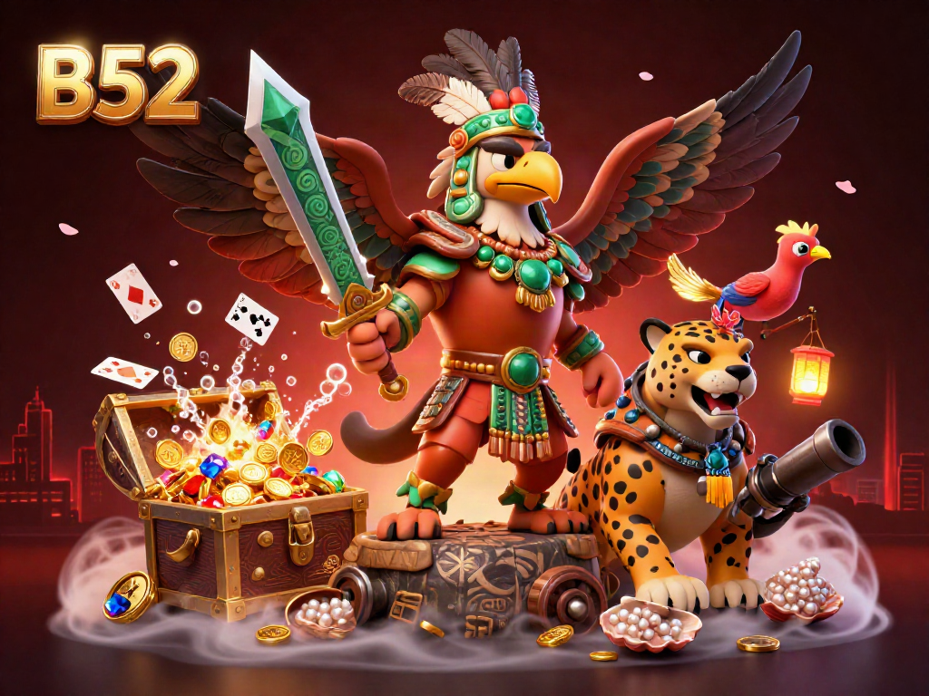 B52 gaming experience with vibrant Aztec characters and treasure elements creating a thrilling casino atmosphere.