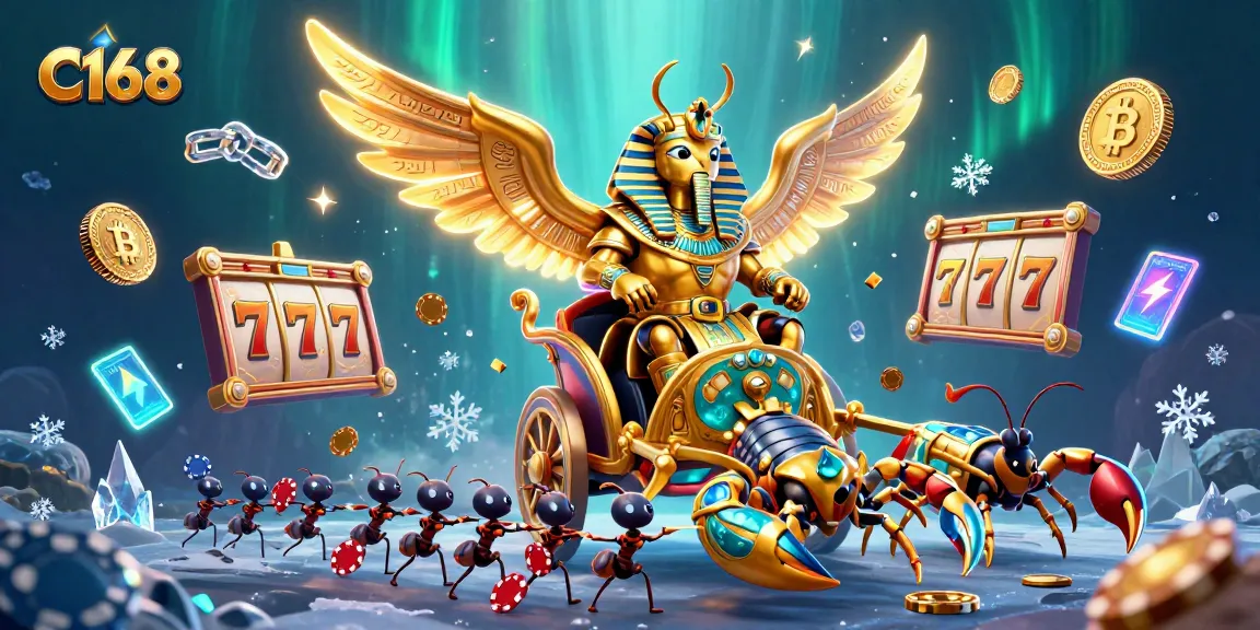 C168 reels spin with golden scarab beetle and jewels, capturing the thrill of gambling.
