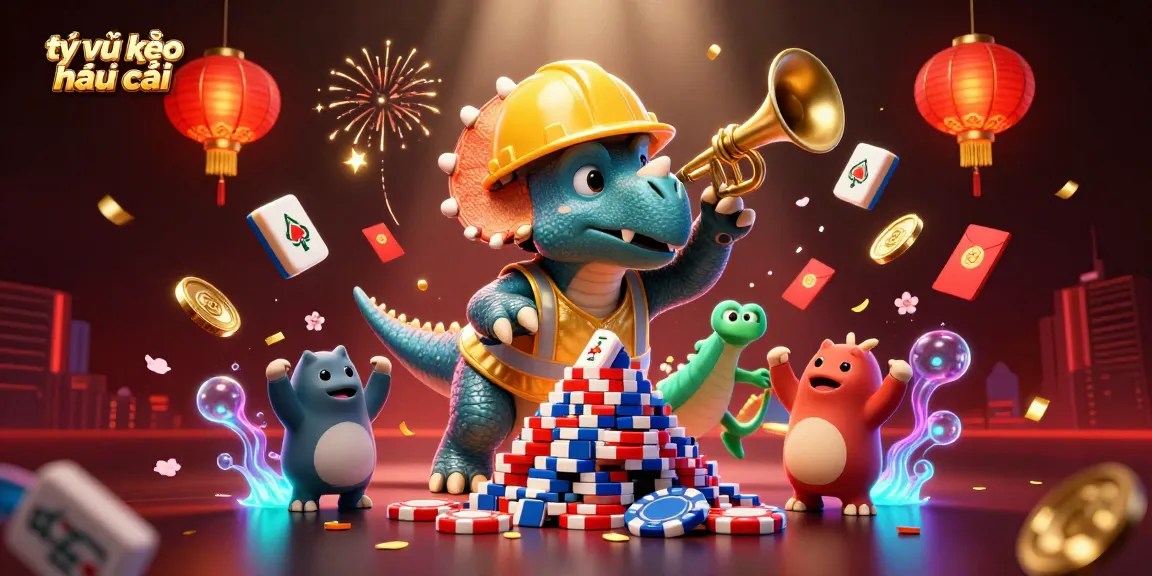 Experience the thrill of tỷ lệ kèo nhà cái as a 3D triceratops builds a poker chip pyramid amidst a vibrant casino celebration.