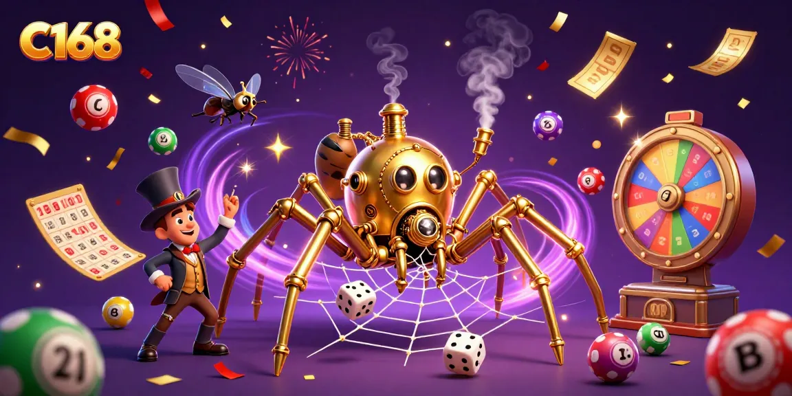 C168 captures excitement with steampunk spider, golden elements, and dynamic lottery balls.