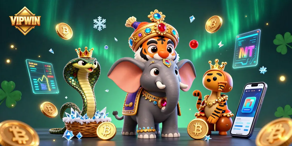 Engage with VIPWIN's vibrant gaming scene featuring a maharaja, elephant, and crypto elements.