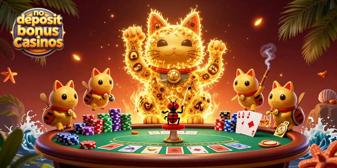 No deposit bonus casinos showcase vibrant golden fireflies and poker elements in a lively scene.