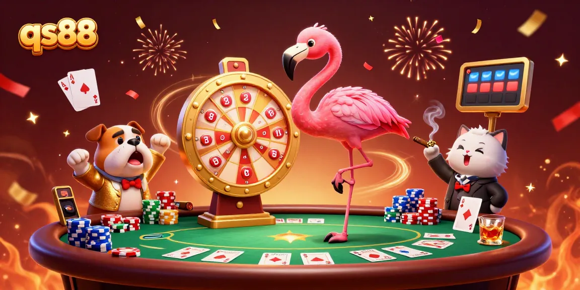 Engaging scene of qs88, with a flamingo game show host and bulldog contestant amid festive casino activities.