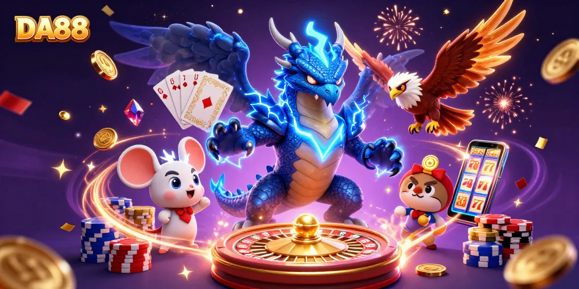 Experience thrilling gameplay with DA88's dynamic casino scene, featuring vibrant characters and game elements.