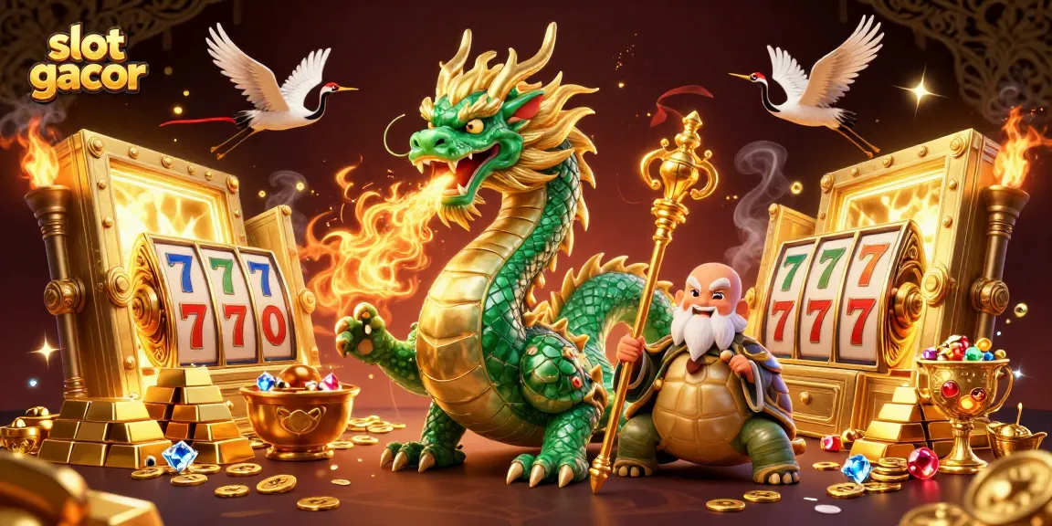 Ilustrasi karakter slot gacor dengan naga dan bangunan bertema judi yang bersinar.