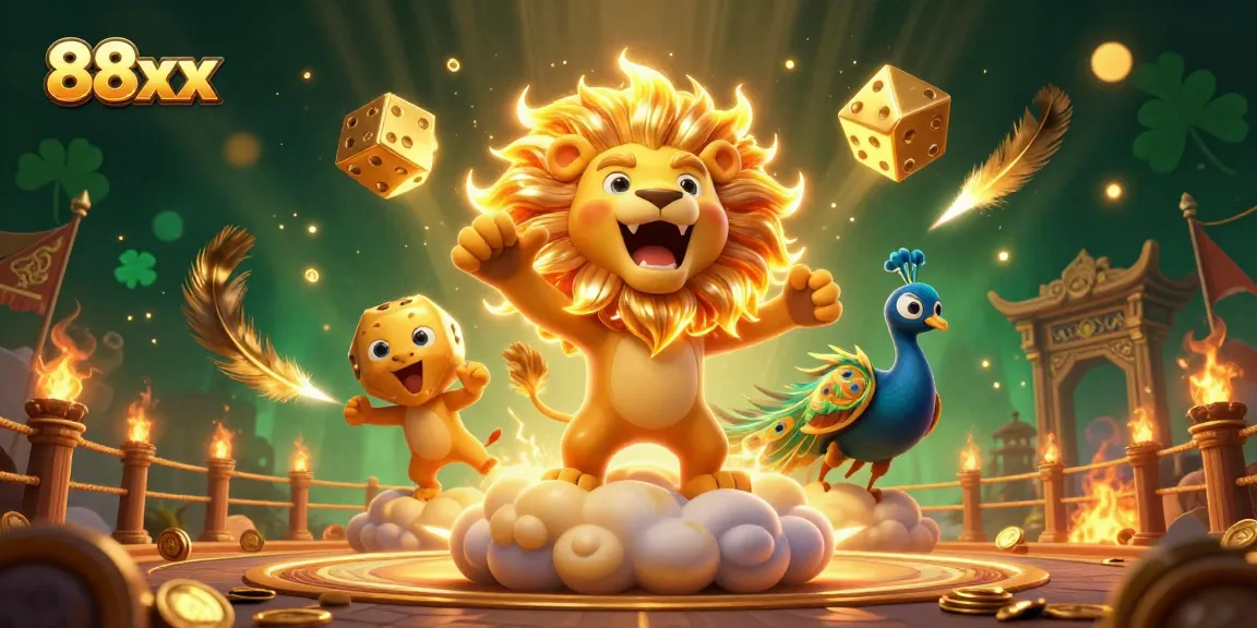 Experience thrilling bets with 88xx, featuring a vibrant 3D scene of a lion and dice.