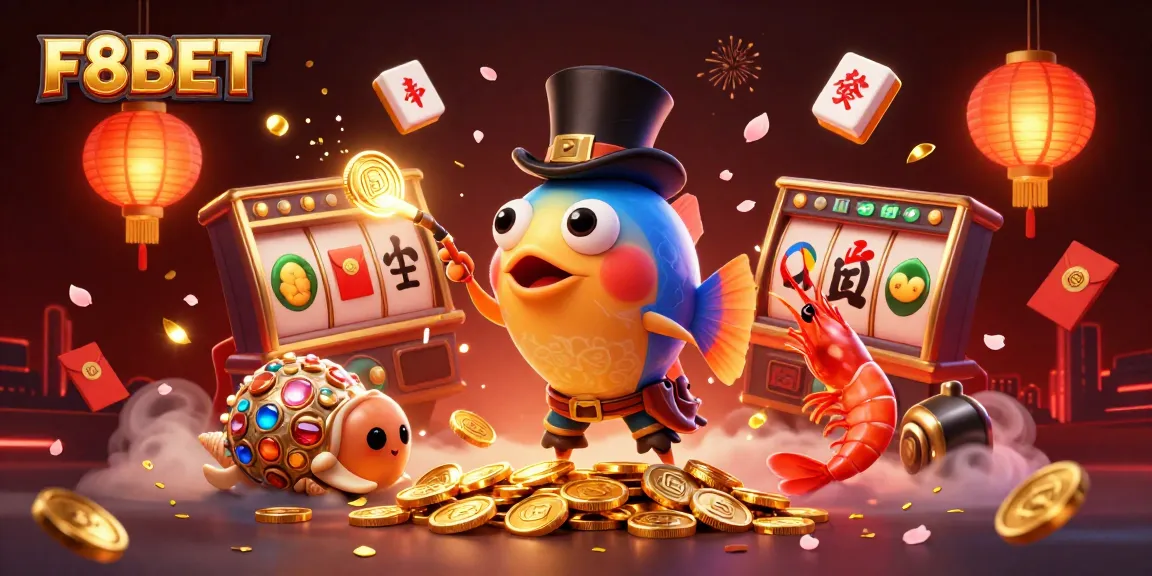 Experience gaming excitement with F8BET's vibrant 3D scene featuring animated characters and casino elements.