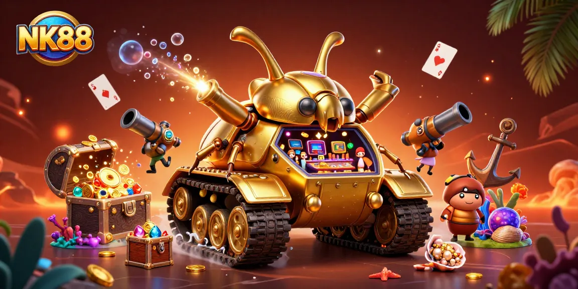 Experience NK88's vibrant casino fantasy with a 3D treasure-filled beetle tank.