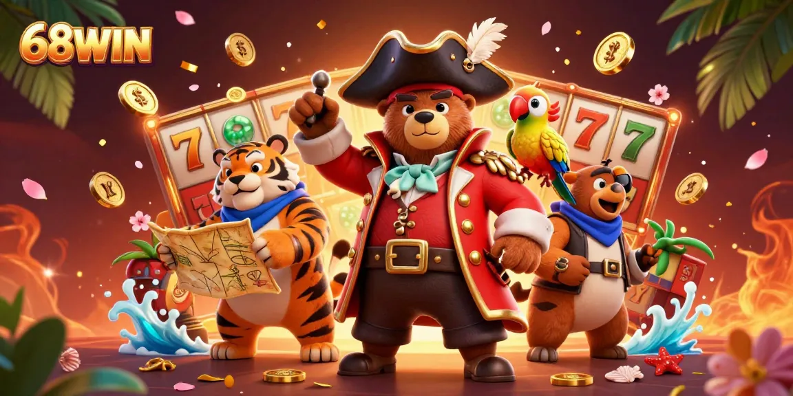 Experience thrilling adventures with 68WIN as pirate characters unveil hidden treasures in a vibrant casino scene.