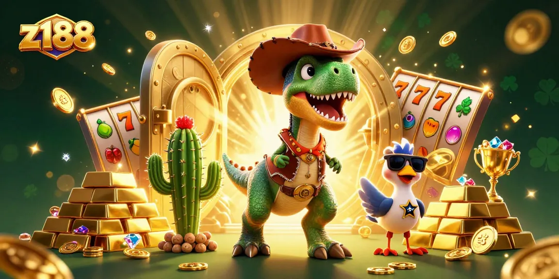 Spin to win at z188 with a T-Rex cowboy and vibrant slot elements in a dynamic 3D scene.