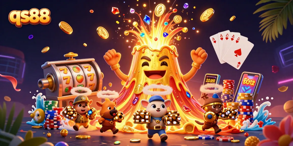 Experience the excitement of qs88 with coins cascading from a golden volcano, symbolizing jackpot wins.