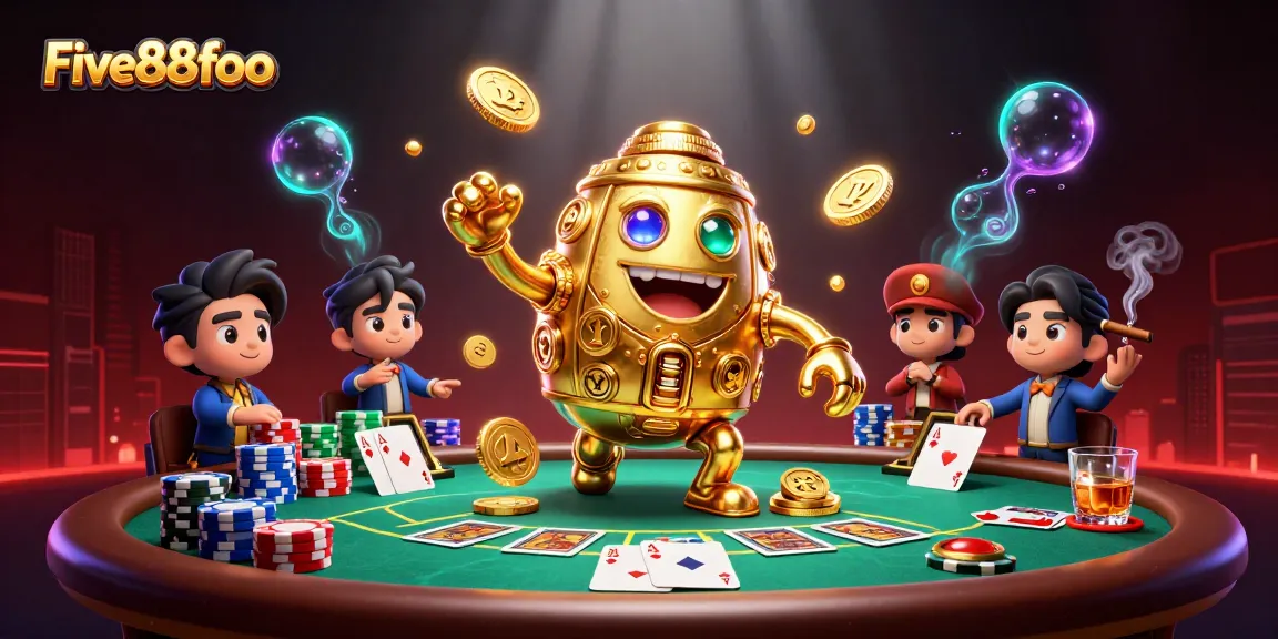 Engage in thrilling casino action as Five88foo showcases a golden golem amidst poker excitement.