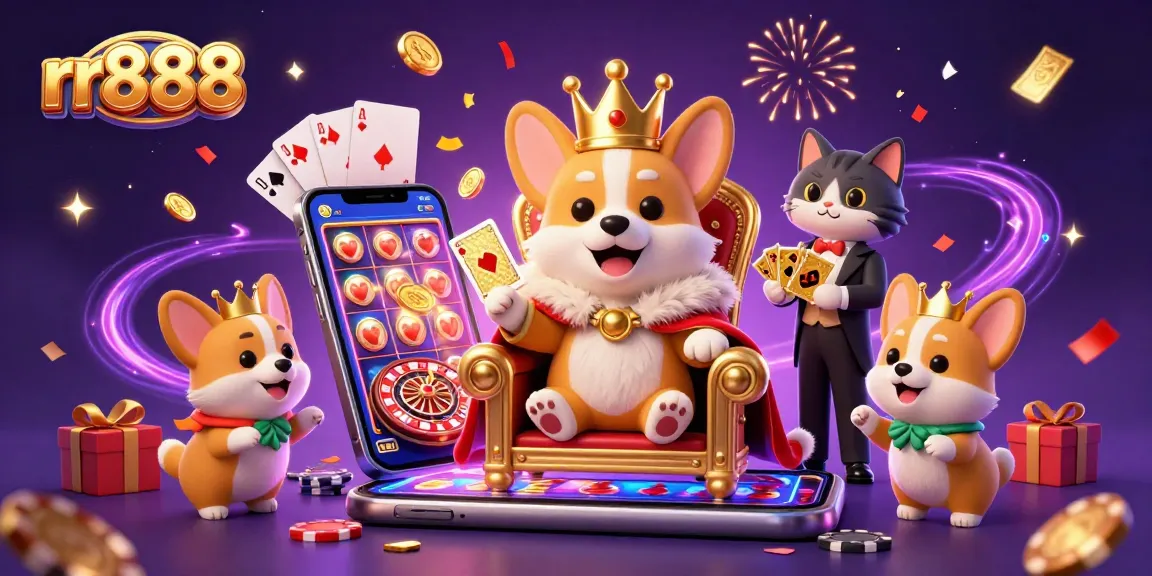 Join the excitement at rr888 with a royal corgi on a throne surrounded by colorful casino elements.
