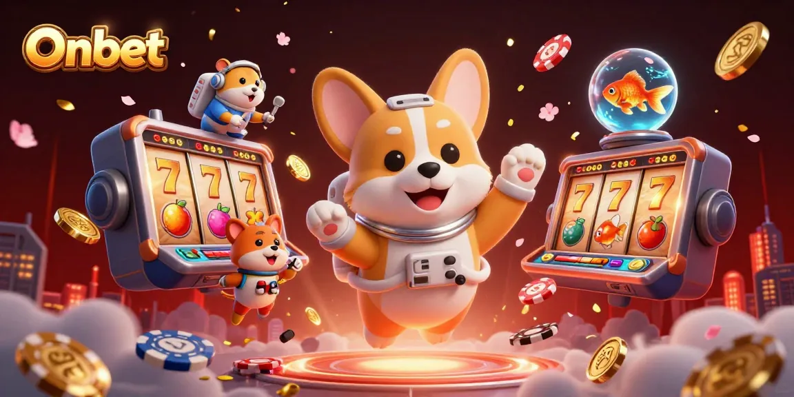 Onbet offers thrilling slots with floating 3D casino elements, featuring a corgi and hamster in space.