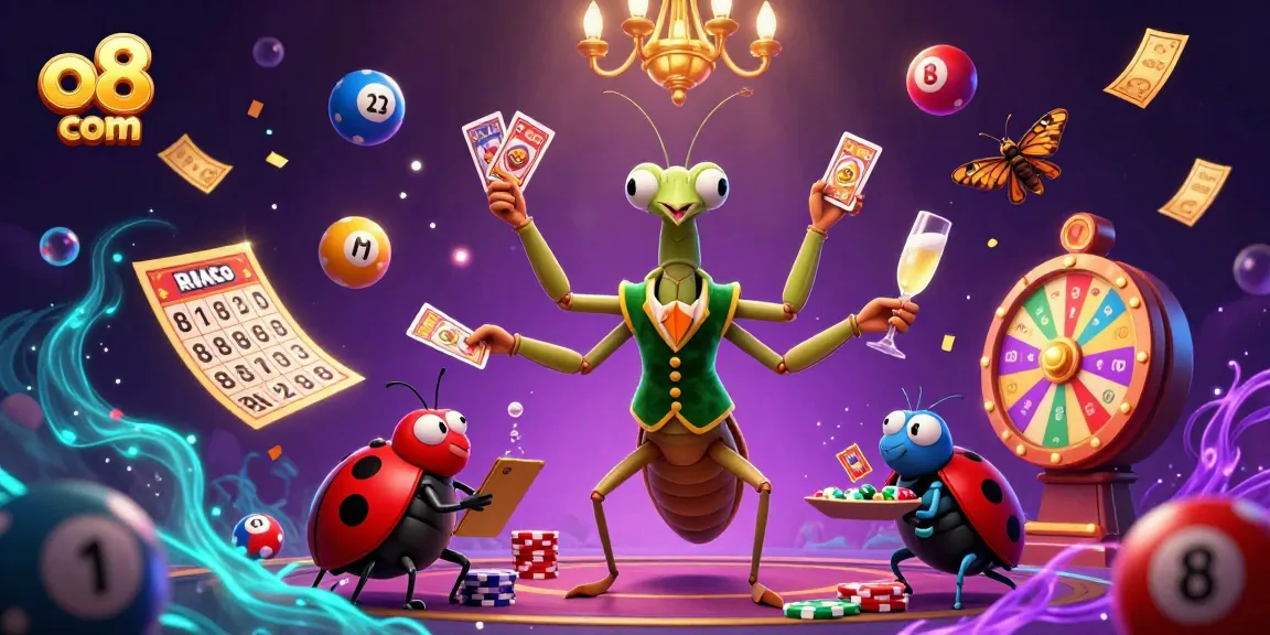 Experience thrilling fun with O8 com in this vibrant 3D casino illustration featuring dynamic lottery elements and lively characters.