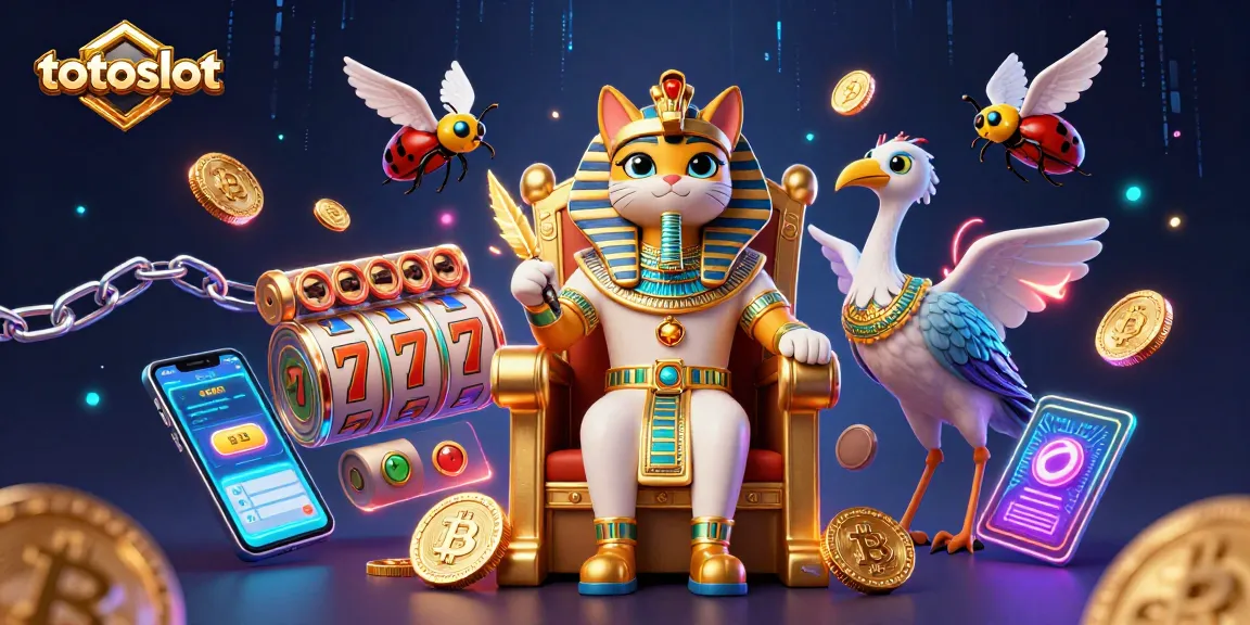 Totoslot showcases a vibrant Egyptian-themed slot gaming scene with 3D characters and crypto elements.