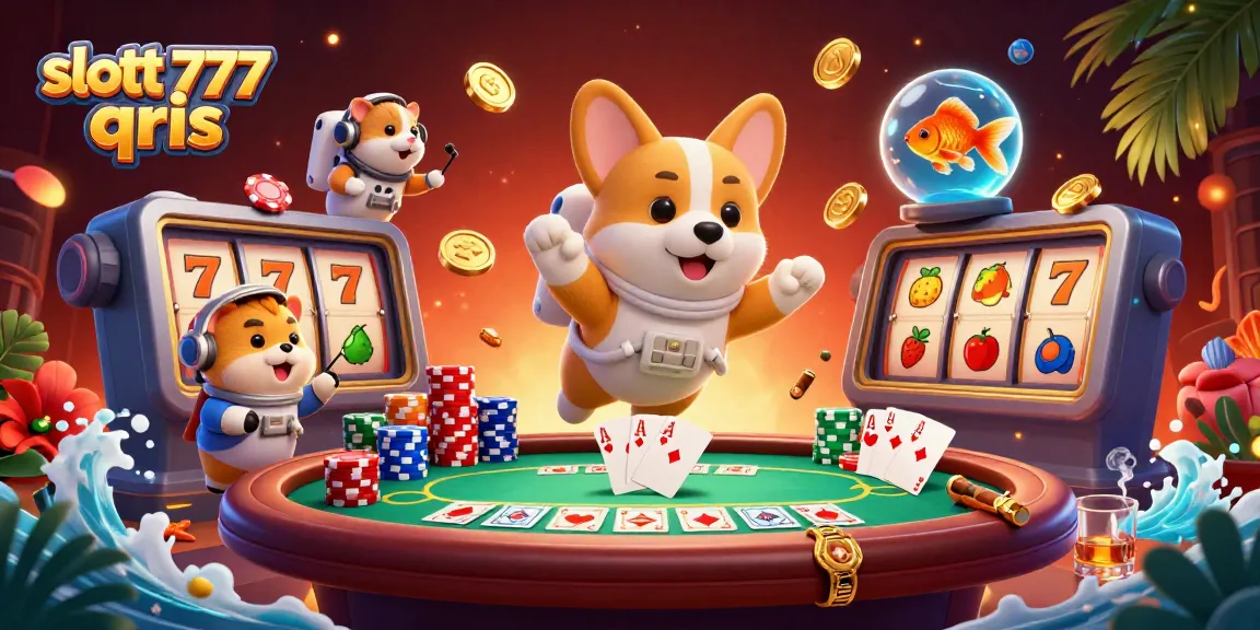 Experience slott 777 qris with an astronaut corgi, drifting poker chips, and vibrant slot symbols.