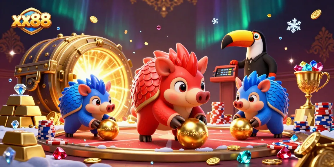 Experience competitive gaming with xx88 in a vibrant 3D casino illustration featuring pangolins.
